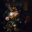 “Roses, Convolvulus, Poppies and other flowers in an Urn on a Stone Ledge” by Rachel Ruysch