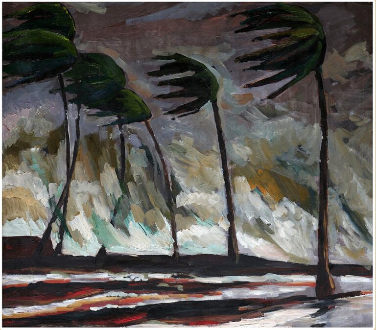 A painting of palm trees in a storm.